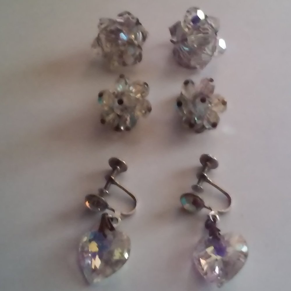 Vintage 3 Pairs Earrings Clear Reflect Rainbow Colors 2 Clip On Pairs 1 Screw On